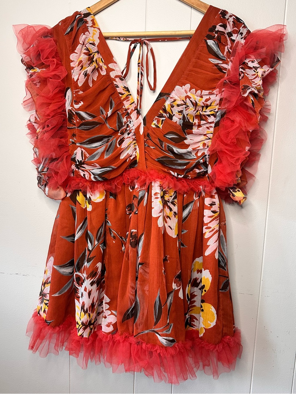 Tularosa x REVOLVE Amelia Dress Rust Orange Dahlia Floral Ruffle Babydoll Mini